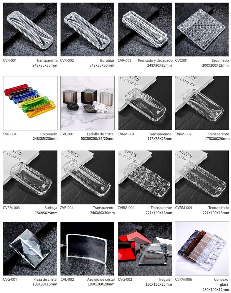 Catálogo de piezas de vidrio rectangulares para hacer cortinas de vidrio. Se usan para separar ambientes en interior o exterior.