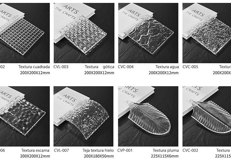 Catálogo de piezas de vidrio cuadradas para hacer cortinas de vidrio. Se usan para separar ambientes en interior o exterior.