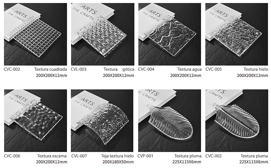 Catálogo de piezas de vidrio cuadradas para hacer cortinas de vidrio. Se usan para separar ambientes en interior o exterior.