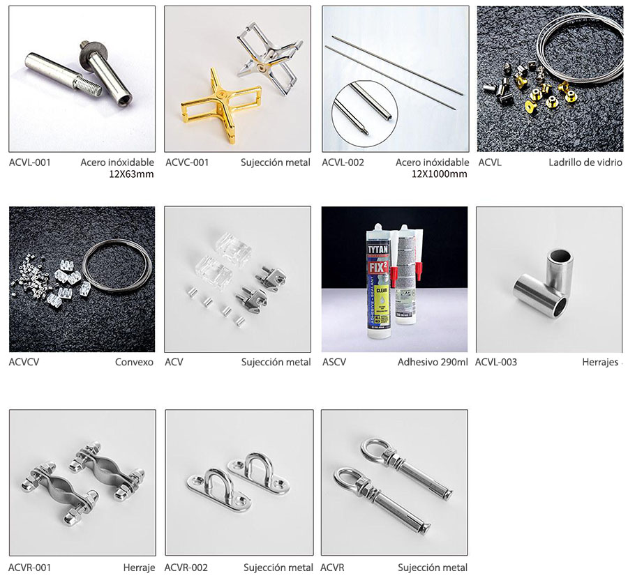 Son los soportes y las fijaciones para sujetar las piezas que forman las cortina de vidrio. Son las piezas intermedias y las sujeciones a techo.